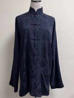 Shanghai Tang Asian Mandarin silk jacket top 10 navy blue lined pink
